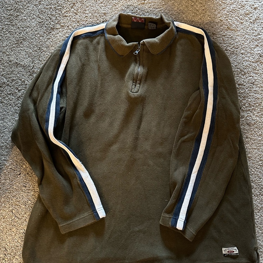 Men's Olive Zip-Up Sweater with Stripes